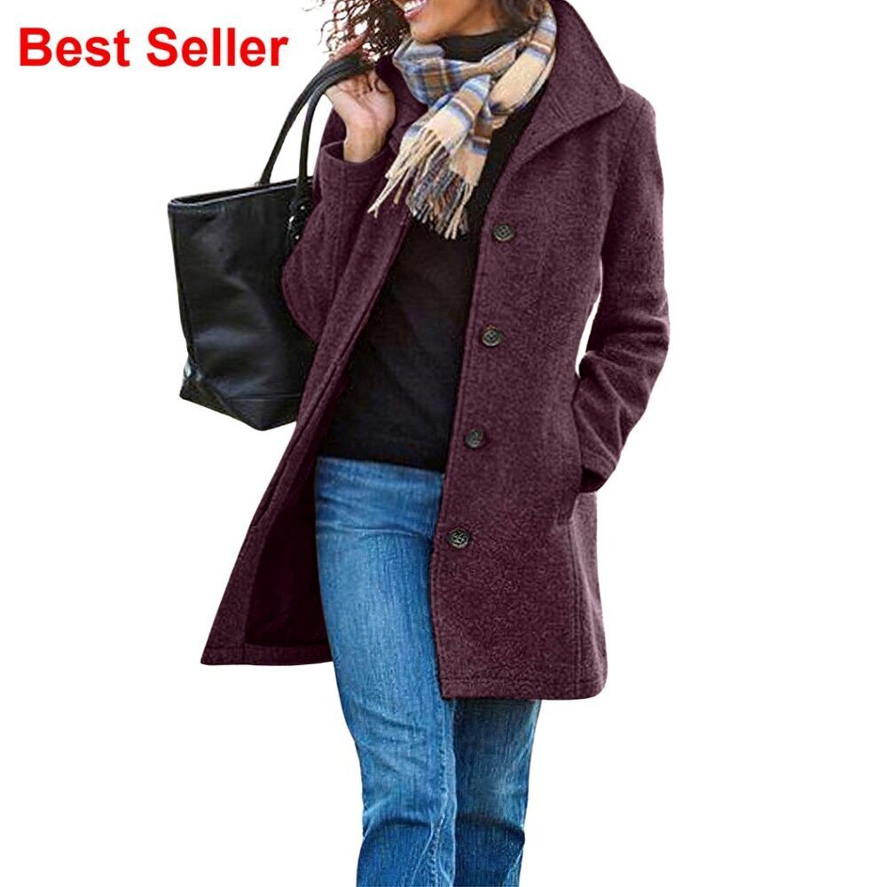 Wool Blend Pea Coat with Stand Collar and Single Breasted Placket